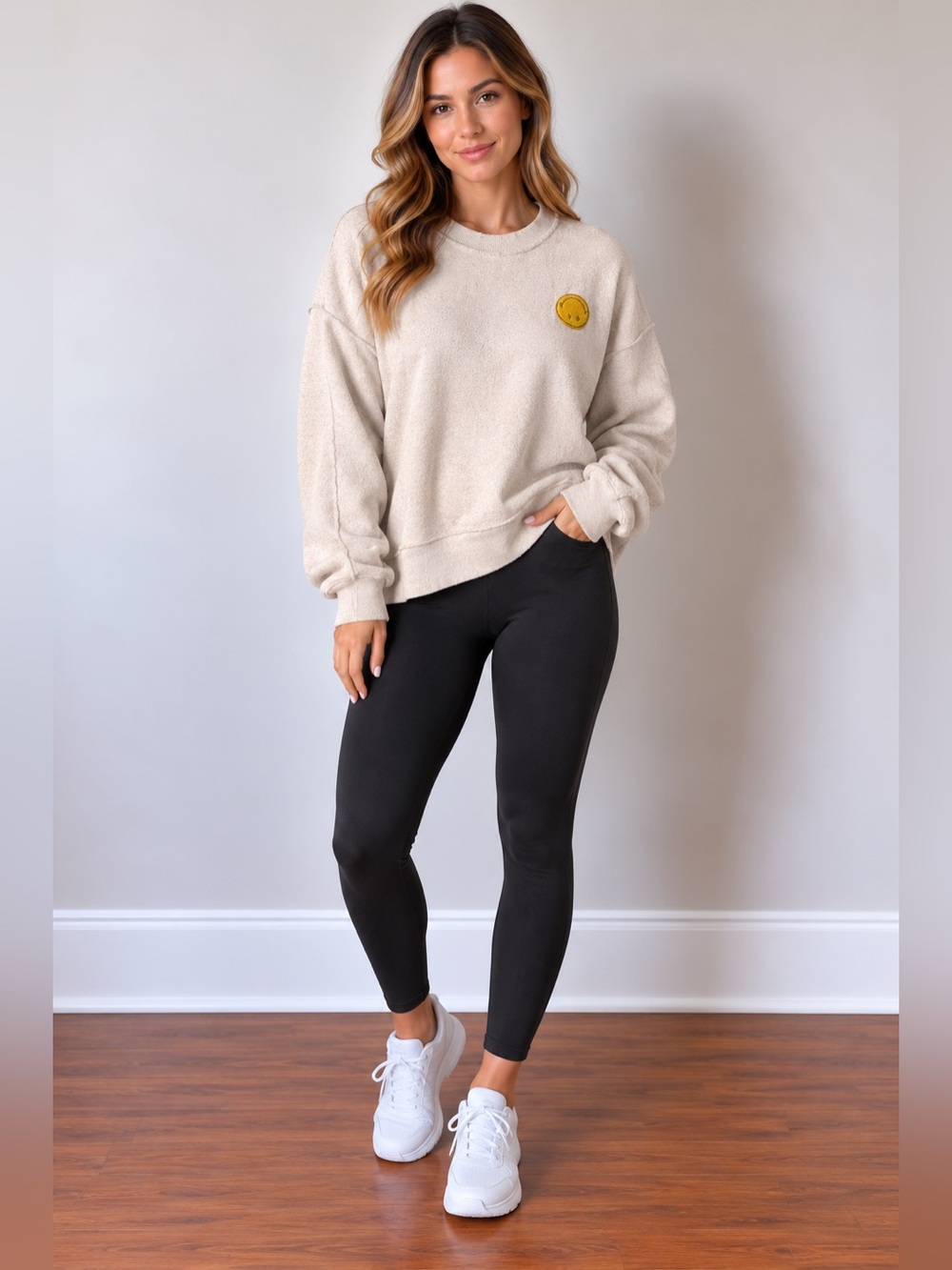 aerie Cream Crewneck Sweater with Yellow Smiley Patch